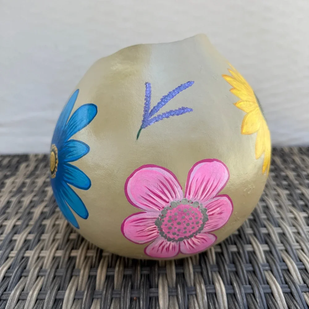 Hand Painted Gourd Bowl Floral Folk Art Rustic Boho Decor Natural Shell